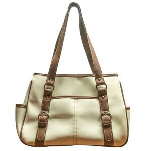 Medium White Brown Purse Shoulder Satchel Bag Vintage Roomy 3 Compartments